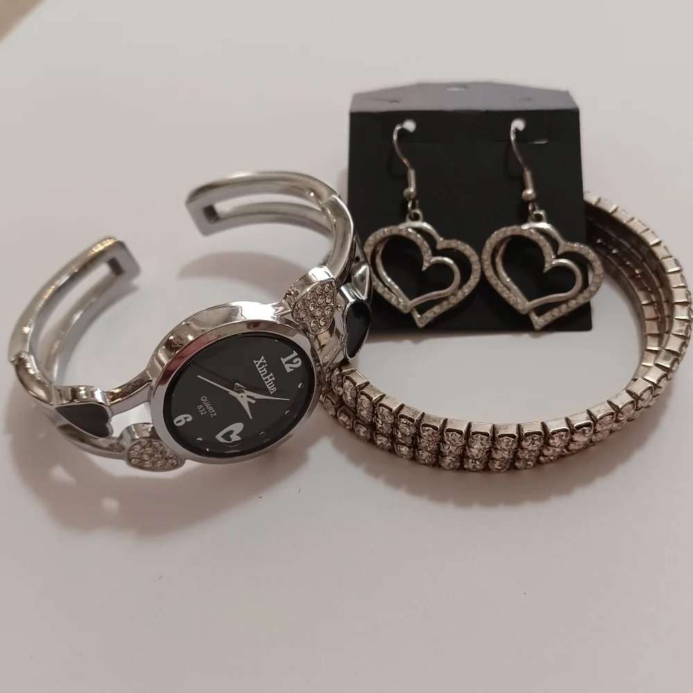 Bundle Of Silver Watch, Bracelet, Hearts Dangle Earrings 3 Piece Jewelry Set